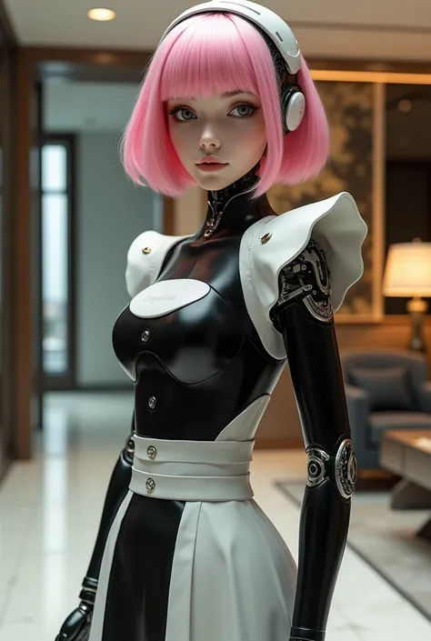 A maid android with pink hair and black mais clothes.