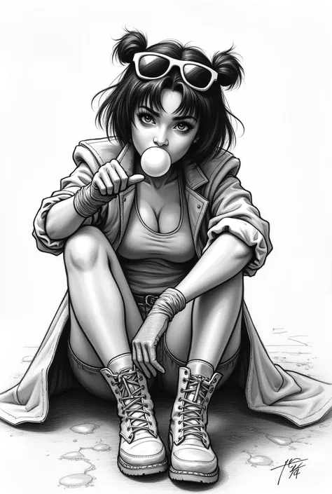 Visualize the X-Men character JUBILEE as a rough sketch in the style of comic artist Jim Lee.
Shoe should sit on the ground pouting. JUBILEE is an Asian teenage with short hair, a coat with rolled up sleeve, long gloves, boots and denim shorts and a 80s sy...