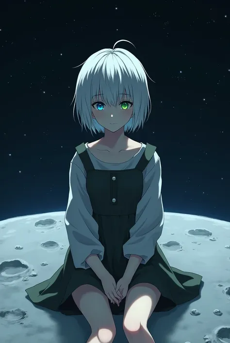 anime style, young adult woman, with one blue eye and one green eye, short white hair, with scar The image shows a melancholic aura Sitting on the moon.
