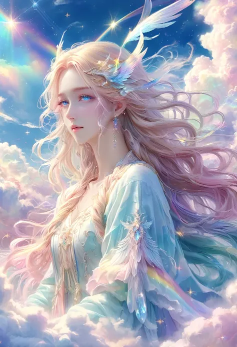 pastel rainbow clouds, a sea of clouds、god々an angel descended from heaven、long legs、blue eyes、long hair、highest quality