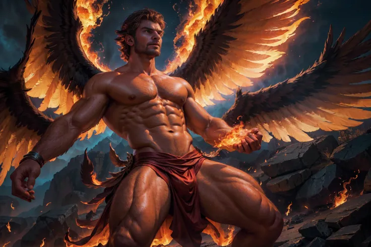 (best quality,4k,8k,highres,masterpiece:1.2),ultra-detailed,(realistic,photorealistic,photo-realistic:1.37),man with phoenix wings on his back,fire surrounding his fist,feathers,captivating expression,flaming wings spread wide,Fiery light,cinematic mood,dr...