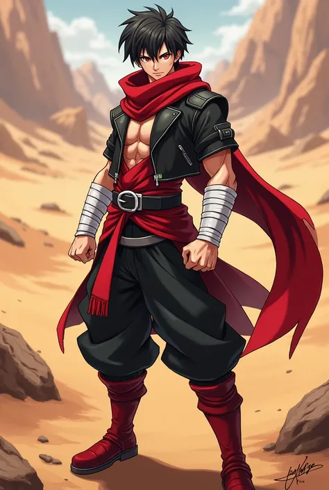 An anime character:
male gender, black short hair, Eyes red, first of all.
Wears white bands tied around his arms.
His clothes are red and black in color., leather boots, Red scarf.
is in a fighting position.
the background is in the desert.