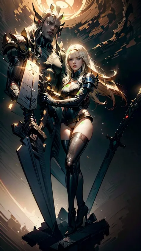 a full body portrait of magik of x-men, illyana rasputin, with long white hair, piercing blue eyes, wearing a low cut unitard wi...