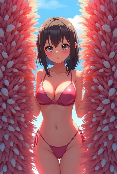 High resolution, Blushing, Highest quality, Anatomically correct, Character portrait, Swimwear、anime, Two large poles、It is densely covered with colorful, fluffy, thin brush.、Similar to Cup Brush、They are lined up without any gaps.、is stuck between the pol...