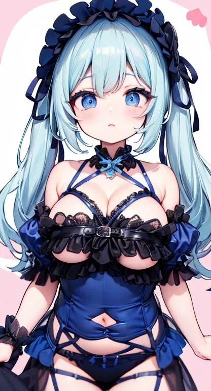 cute,highest quality,woman wearing lace-limited lingerie,white blue,large breasts,twin tails,bonnet,blue eyes,shy face,cute eyes...