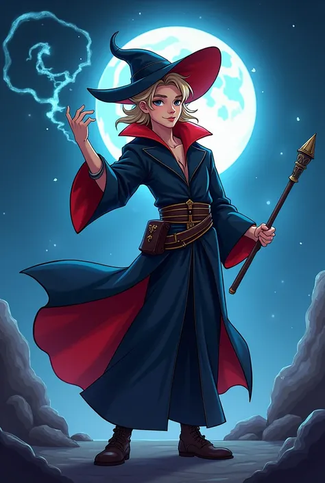 Young male wizard, blonde hair shaved on the sides, wizard hat, with black and red clothes , night scene, style cartoon.