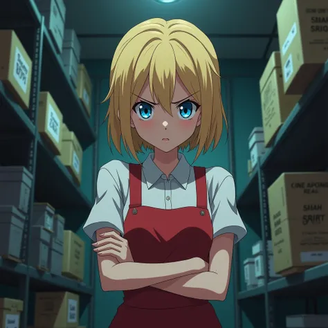 Girl, Fast Food Worker, Blonde, Diamond Blue Eyes, crossed arms, annoyed, alone in storage room, anime