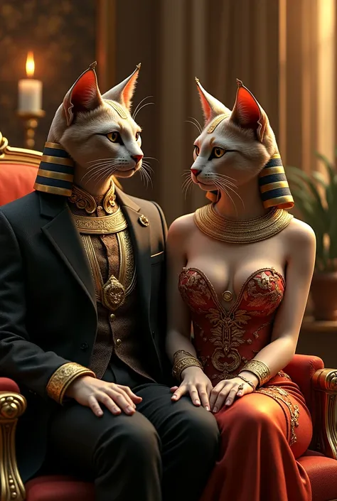 Very rich Pharaonic cat wearing elegant suit sitting on a luxurious chair in his office and next to him is Pharaonic female cat wearing a very sexy evening dress, real, high resolution detail, full picture as real life