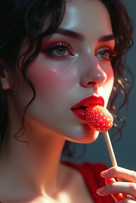 Woman lips looking to the side sexy painted eating candy lollipop with sexy highlights realistic painting fantasy style