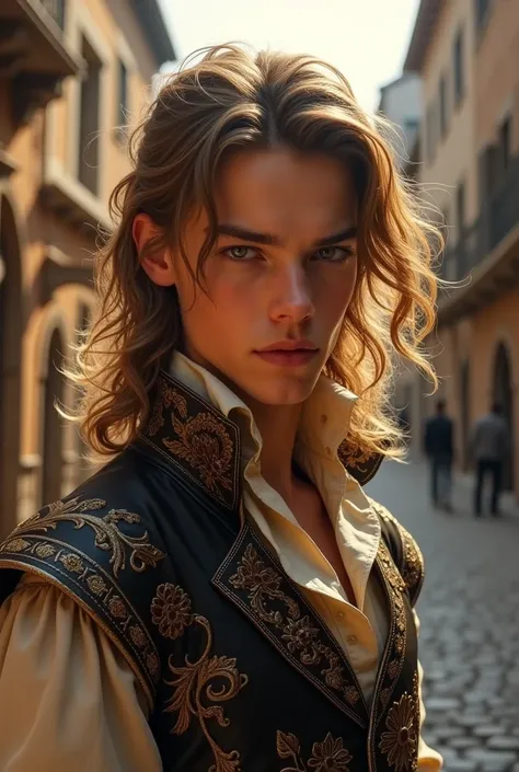 best qualityer (absurderes, details Intricate, work of art, best qualityer, high resolution, 8k), (male teenager with long light brown hair) (真实感), (musketeer clothes), (seducing gaze), (full body view) )details Intricate, face detailed, volumetric lightin...