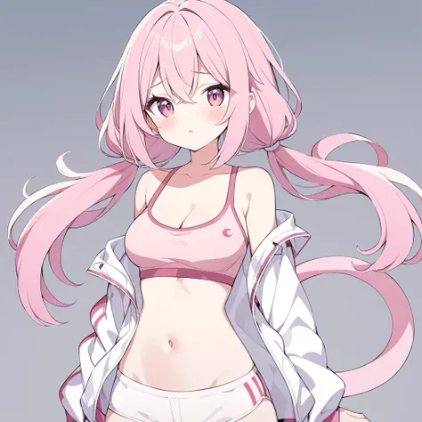 Pink sports bra with empty chest.Small white coat.hot pants.Double tail.cleavage.Medium breasts