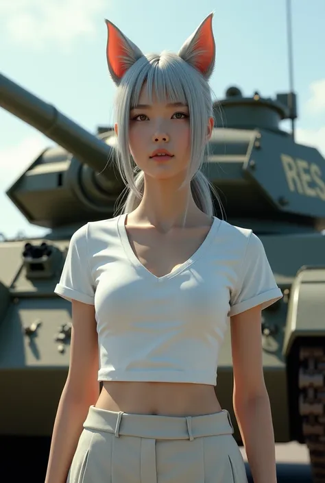 In a realistic 3DCG style、Please draw a 25 year old woman with average facial features of a Japanese female idol.。She has cat ears and long silver hair tied in a ponytail.、She is wearing a white V-neck T-shirt and skirt。The view is from below、Set her face ...