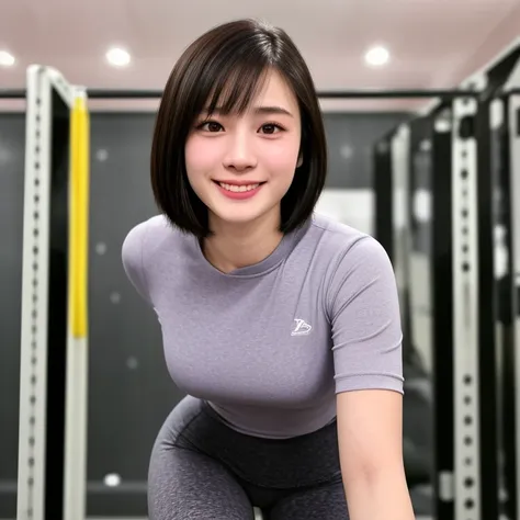 (kawaii 24 year-old Japanese girl, Nogizaka idol, Korean idol), healthy female athlete body, (glossy black hair, short hair, pixie cut, bangs:1.3), (rounded face, pure black eyes, single eyelid, no makeup, laughing:1.2), (wearing training shirt, grey sport...