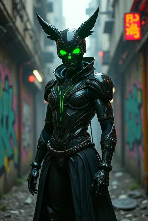 In the heart of an eerie, neon-lit urban decay, a cyberpunk-inspired humanoid figure stands amidst graffiti-laden walls, exuding an aura of dark fantasy. The figure’s high-tech outfit is a striking blend of black and neon green, with intricate armor pieces...