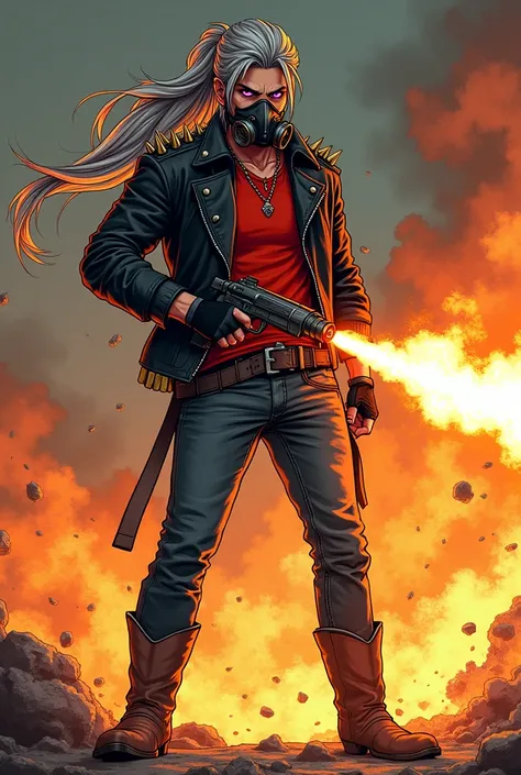 (Manga Type Drawing) Man with fire powers, long hair with a ponytail, gray hair, cowboy boots, jeans, short black jacket and spikes on the shoulders, red shirt, gray side belt, purple pupil of the left eye and the right eye covered by hair,black fingerless...