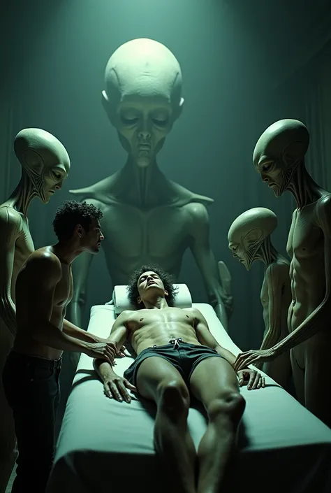 there are many aliens in a room with a man Ludwig van Beethoven laying on a table, a photo by Jim Burns, tumblr, massurrealism, alien autopsy, an alien autopsy, alien abduction, extraterrestrials, extraterrestial, alien hybrids, ufo aliens, ufos, extraterr...