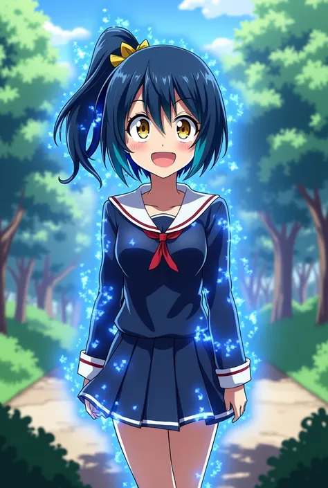 Screenshot my hero academy, Navy blue haired girl with lighter blue streaks, Yellow eyes and light skin, With a smiling expression while having blue rays around him, And is in the training camp.