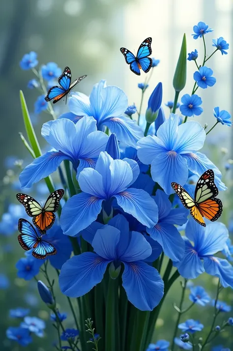 Bouquet of blue flowers with butterflies and very realistic
