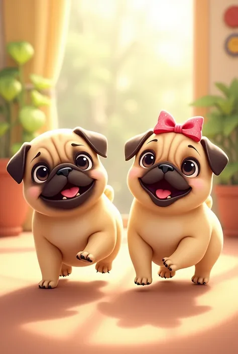 a male apricot pug, a female apricot pug with a pink bow on her head, happy and having fun