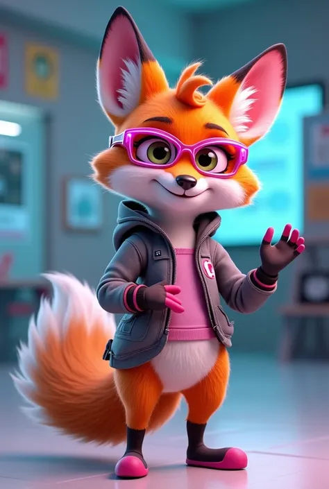 Create a 3D Disney Pixar style fox named Techie Fox. She must exude a curious personality, innovative and enthusiastic, perfect for a section dedicated to technology and gadgets.

colors: Vibrant shades of brown and white, with pink details and accessories...