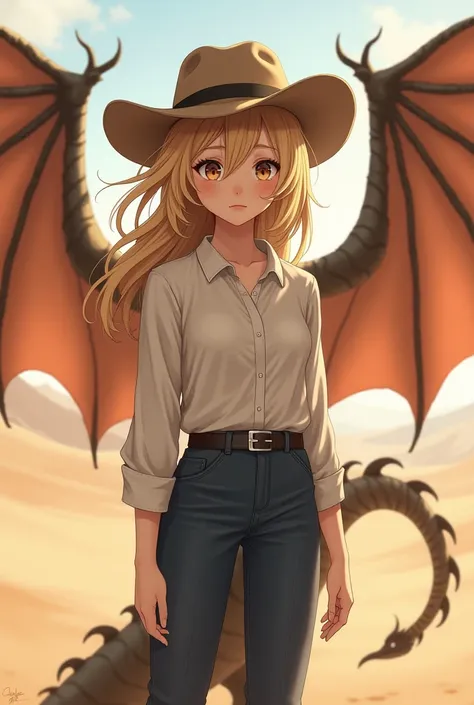 Anime girl, realistic, 1girl, cute, blonde hair, beautiful eyes, cowgirl hat, dragon wings, desert dragon, full body, white shirt, dark blue pants, boots, opened wings