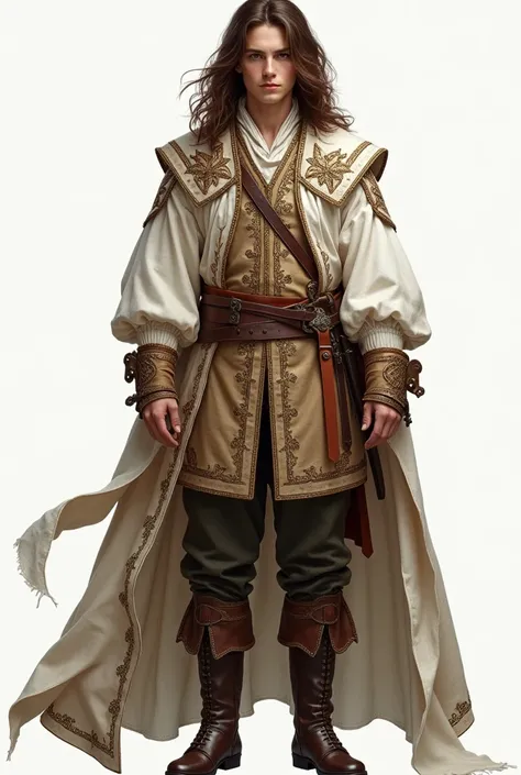 photo by full body, best qualityer, male teenager with long brown hair, details Intricate, 真实感, white and brown musketeer clothes, whole body, full body, men&#39;s boots in brown color