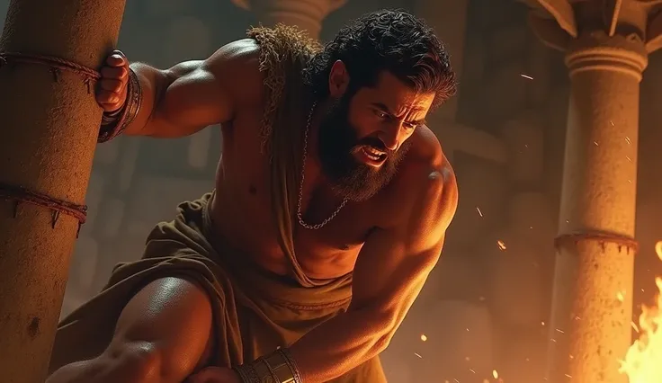 The Philistine temple in a dramatic scene, with Samson pushing the columns. The atmosphere is rustic, with stones and torches, and warm colors contrast with the dark background. Samson&#39;s expression is one of effort and determination.