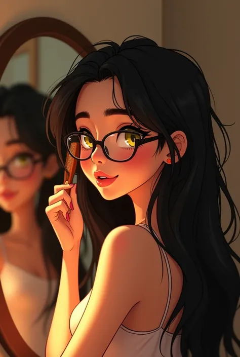 Her character is brushing her long, tousled brown hair in front of a mirror, her yellow eyes reflecting a serene morning glow. The character has long, straight, messy, dark hair, and she wears glasses. , bright yellow eyes, snow-white skin, a perfect and d...