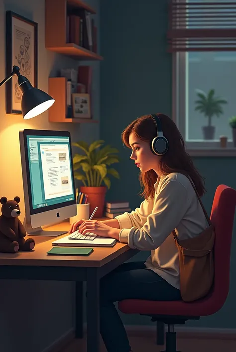 I need an image where a young woman studies inside her room with headphones and a table with a computer and there is a bear cub next to her. 