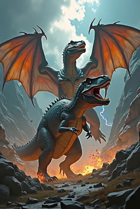 dragon fighting a T-rex