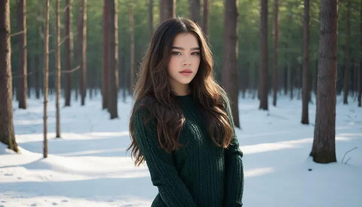 Detailed and realistic photo taken by Mexican.., Round green eyes, Long and lush hair,  hailee steinfeld, shot from outside, black knitted sweater, beautiful big breasts, skin texture, (full body shot:1.3), chapped lips, soft natural lighting, 85mm lens, m...