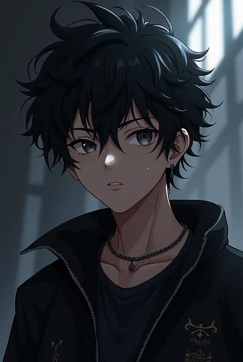 Anime boy with slightly curly black hair, very edgy