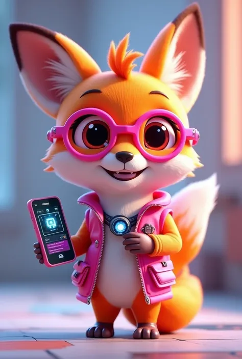 Create a 3D Disney Pixar style fox named Techie Fox. She must exude a curious personality, innovative and enthusiastic, perfect for a section dedicated to technology and gadgets.

colors: Vibrant shades of orange and white, with pink details and accessorie...