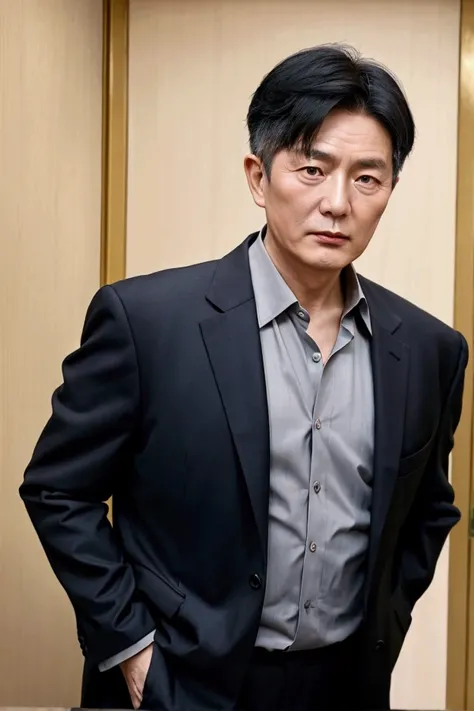 A mature and steady 50-year-old Chinese man wearing a suit