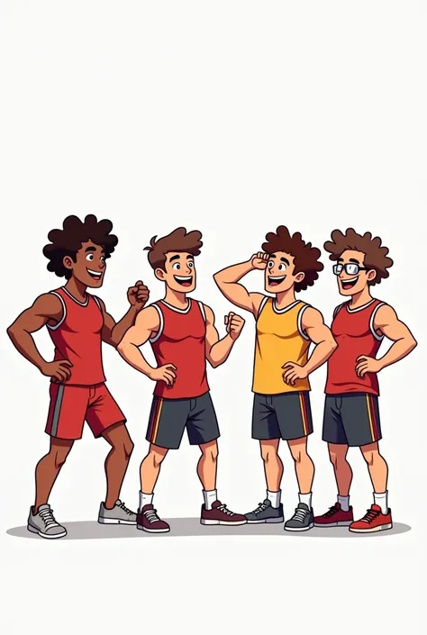 A group of male friends with curly hair, Um gordinho, a thin and tall, and one with glasses, members gathered ,they are doing gym poses, with jersey, sem plano de fundo, line style being cartoon.
