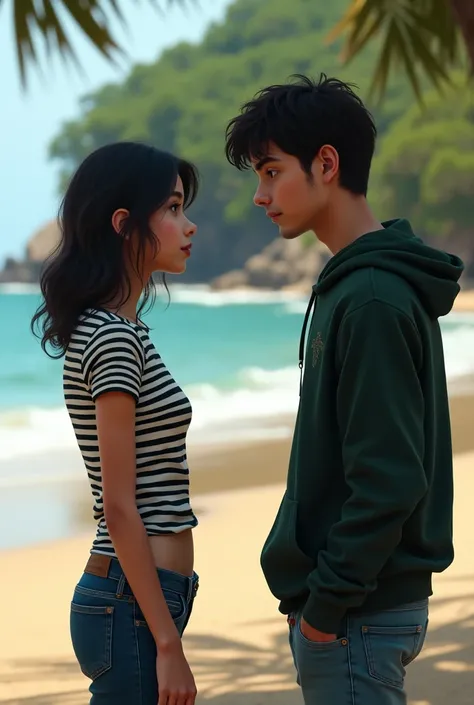 A teenager girl who wears a black and white colour horizontal line t shirt and black pant hugging tightly for a time teenager boy who wears a dark green colour hoodie and blue colour denim pant with little bit of beard  in beach side with lots of trees in ...