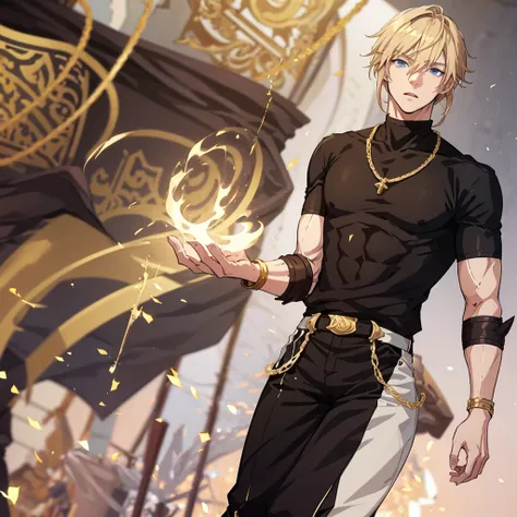 anime attractive man, 20 year old, blonde hair, very very short ponytail, tall, muscular, white casual t-shirt, gold lining, sol...