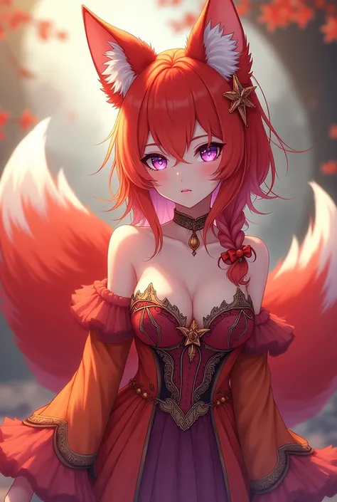 Anime woman with 3 tails and fox ears with red fur with purple eyes with red and orange dress with big tails and with cute face