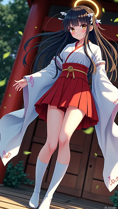 1 girl, solo, long hair, breasts, staring at viewer, blushing, smiling, bangs, skirt, large breasts, black hair, knee-high socks, long sleeves, ribbon, brown eyes, mouth closed, standing, full body, hair ribbon, ponytail, outdoors, kimono, wide sleeves, bl...