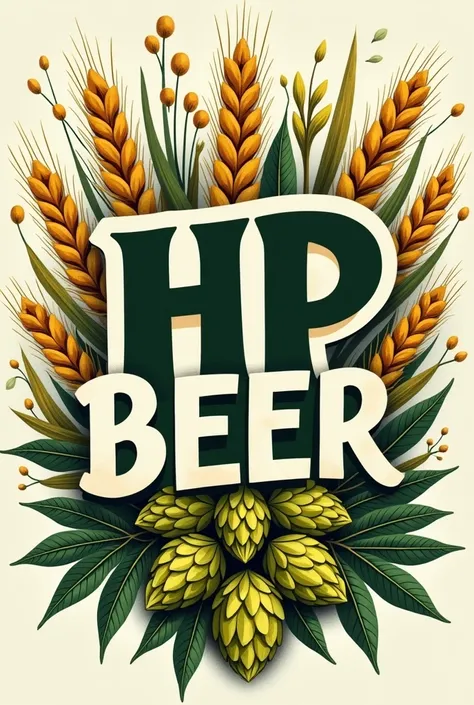 Beer label with name HP BEER with branches of barley and hops 