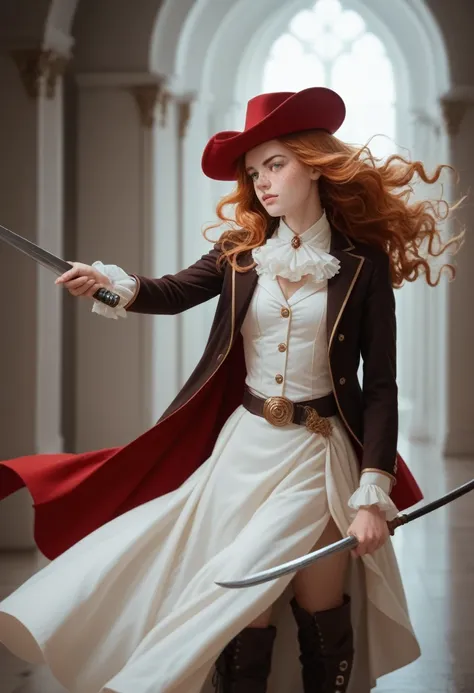 A young red-haired woman with long, flowing hair, green eyes, and freckles on her face, dressed in a form-fitting, elegant red musketeer outfit without a hat. Her attire includes a tailored jacket, high boots, and a belt, giving her a strong and confident ...