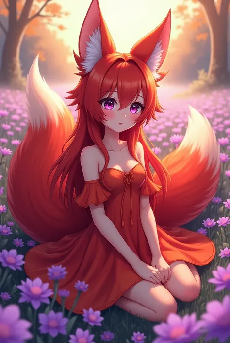 Anime woman with 3 tails and fox ears with red fur with purple eyes with red and orange dress with big tails and with cute face in a field of purple and red flowers