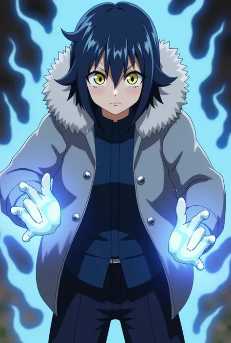 Screenshot of my hero academy, Girl with navy blue hair and lighter blue streaks, yellow eyes, Light skin and a slightly confused, frowning expression. While wearing a dark suit that covers his torso up to above his thighs, While wearing a furry grey coat,...