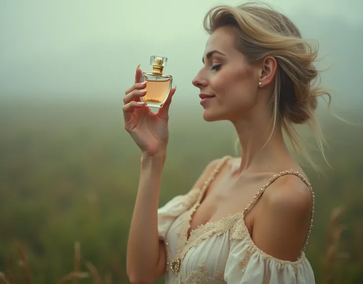 Blonde smells her wrist, smelling the perfume. without looking at the viewer. eyes locked. drlight smile. Close. boudoir. Provence. haze. 超detailded.  Provence. Foggy . High grain film. retro photography, David Hamilton Style. Analog photography. grainy. n...