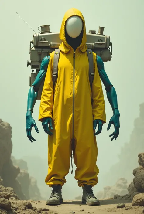 A man in yellow with no face and a grabpack with two arms with hands, one blue hand and one green hand