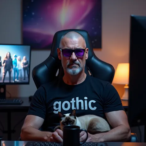 Focus on the face of a 50-year-old man with a platinum goatee and a shaved head. He is sitting in a matte black gaming chair with orange accents, looking directly at the viewer. He is wearing rectangular sunglasses with violet lenses and a black T-shirt wi...