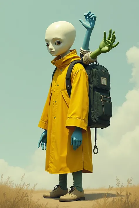 A man in yellow with no face and a grabpack with two arms with hands, one blue hand and one green hand