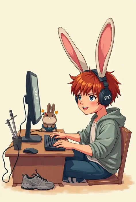 A game guy doing live on the computer, offwhite, chestnut hair, nose a little big, no beard, Youngh, appearance of with 1 small and unique tattoo on the neck written " GN9 ", and with a ninja rabbit holding two swords by his side as his pet. make paper dra...