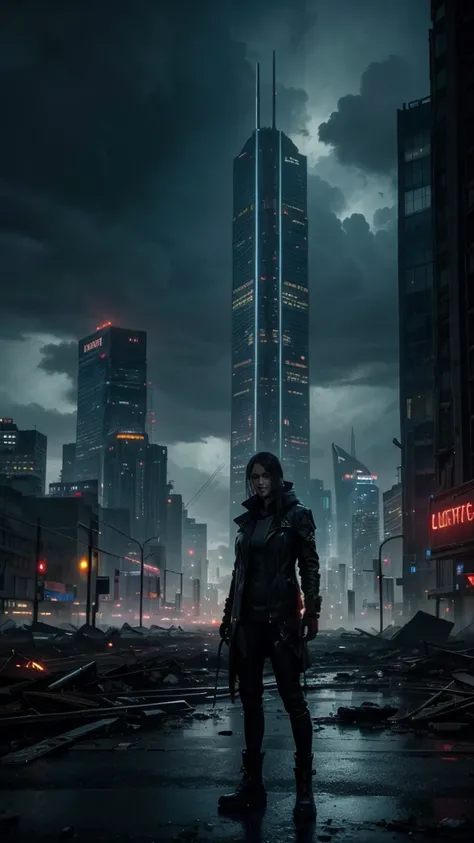 A futuristic, dystopian cityscape under a dark, stormy sky, with towering skyscrapers partially in ruins. In the foreground, a lone figure stands on the edge of a shattered bridge, looking out over the chaotic scene. Neon lights flicker in the background, ...