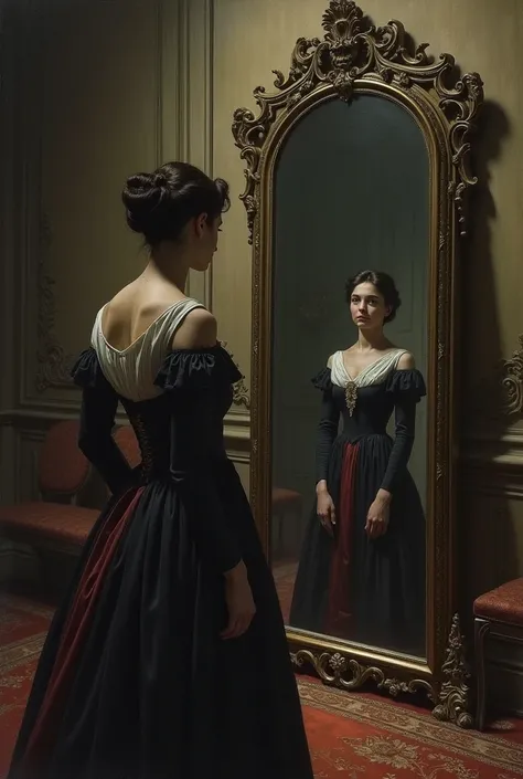 Victorian era woman looking at herself in a large mirror 